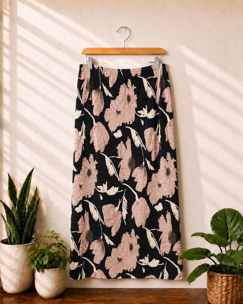 Vintage 90s Black Taupe Floral Maxi Skirt Textured Crinkle Whimsigoth Grunge SzL